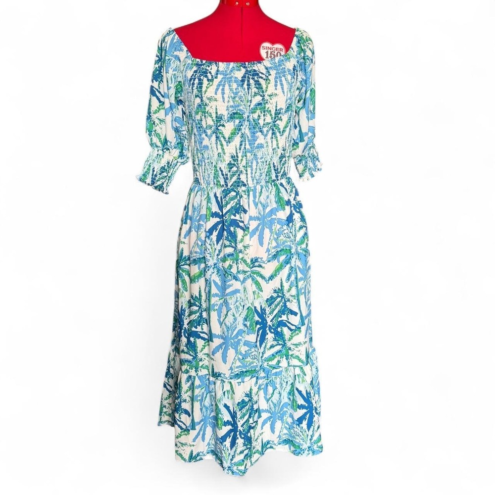 Top It Off Blue Green Palm Leaf Print Smocked Midi Dress Pockets M NWT